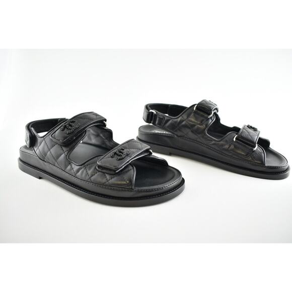 Chanel Black Leather Quilted Chain CC Logo Mule Slide Strap Flat Dad Sandal 41 - Picture 6 of 11